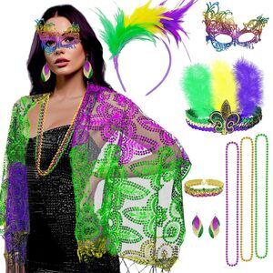 8259 9 Pcs Mardi Gras Shawl Scarf Costume With Feather Headband